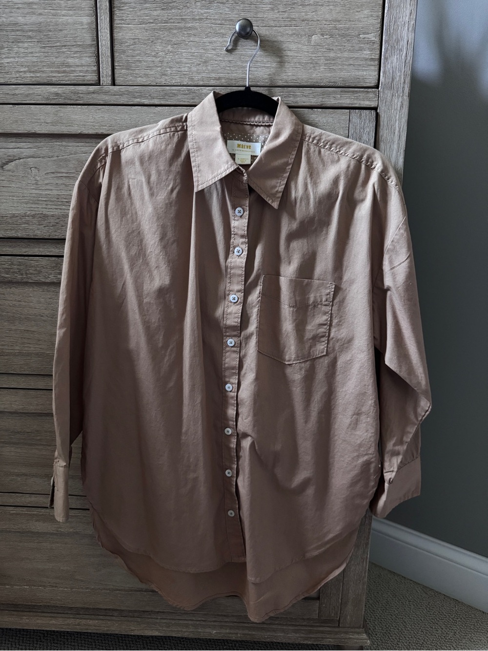 Anthropologie “Maeve” Casual Button-Down Shirt in Taupe. Long tunic style.